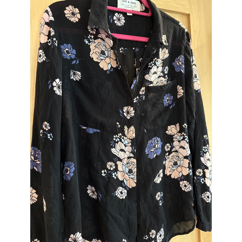 ANTHROPOLOGIE Top Black Floral Button Down Sheer Size Medium